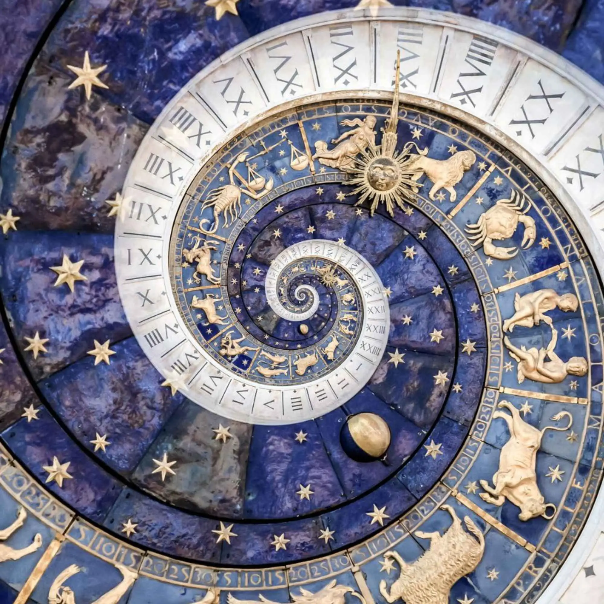 Artwork for From Shadows to Stars: a gold spiral of stars, zodiac figures, and Roman numerals on deep blue.