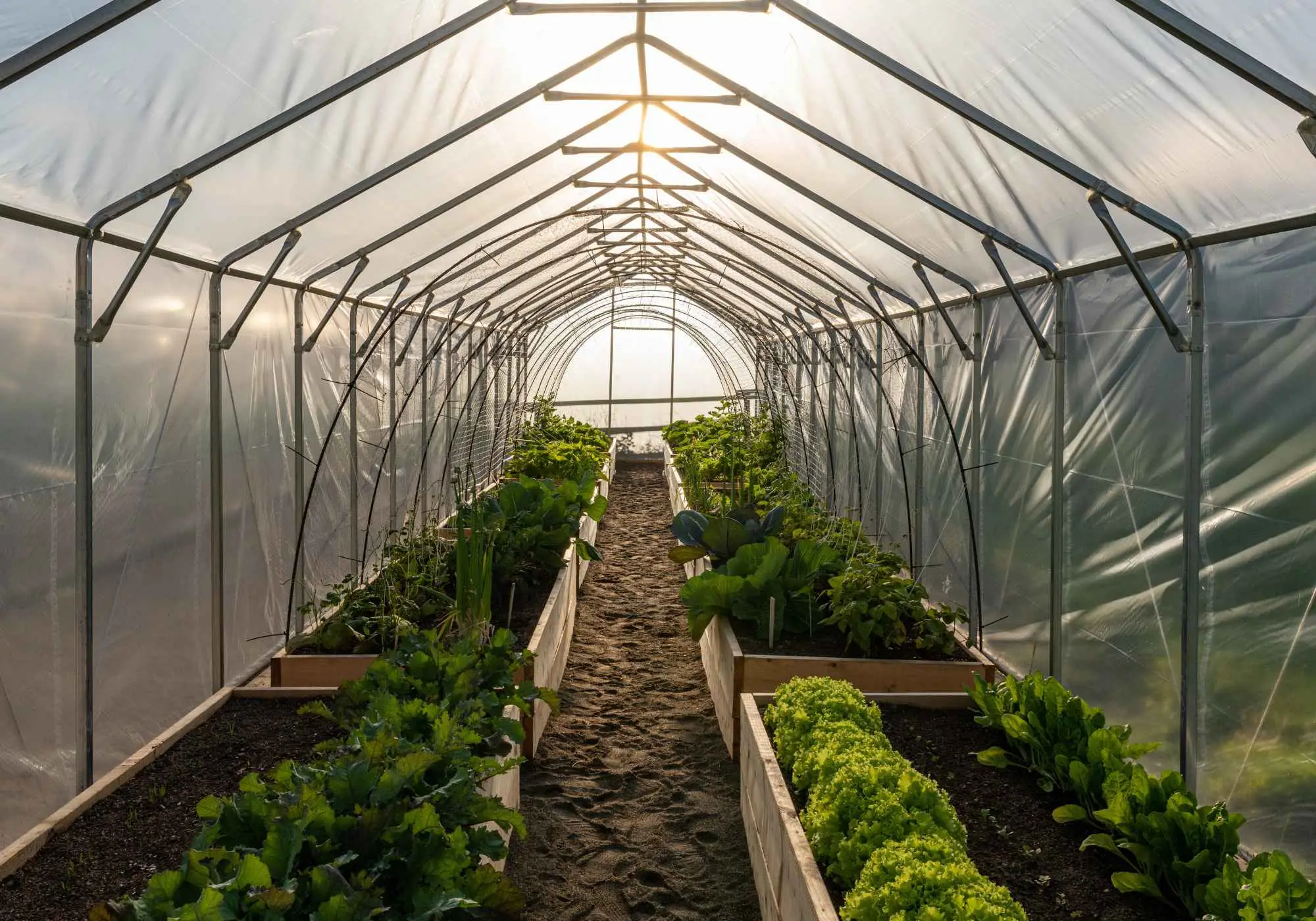Rows of fresh greens growing in the greenhouse at Kayanara.