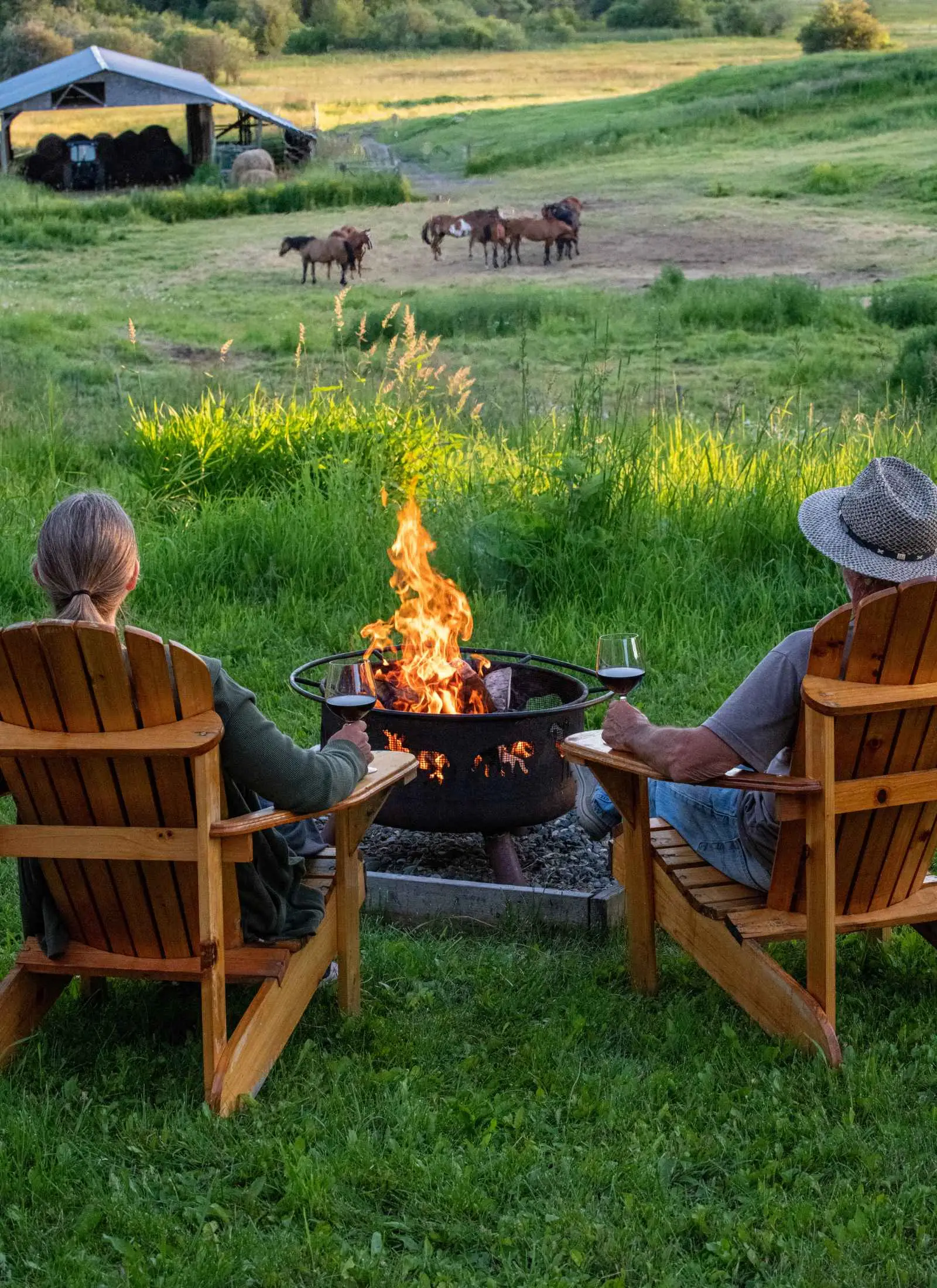 A fire burning in a bowl on the grass at Kayanara, with horses in the field beyond.