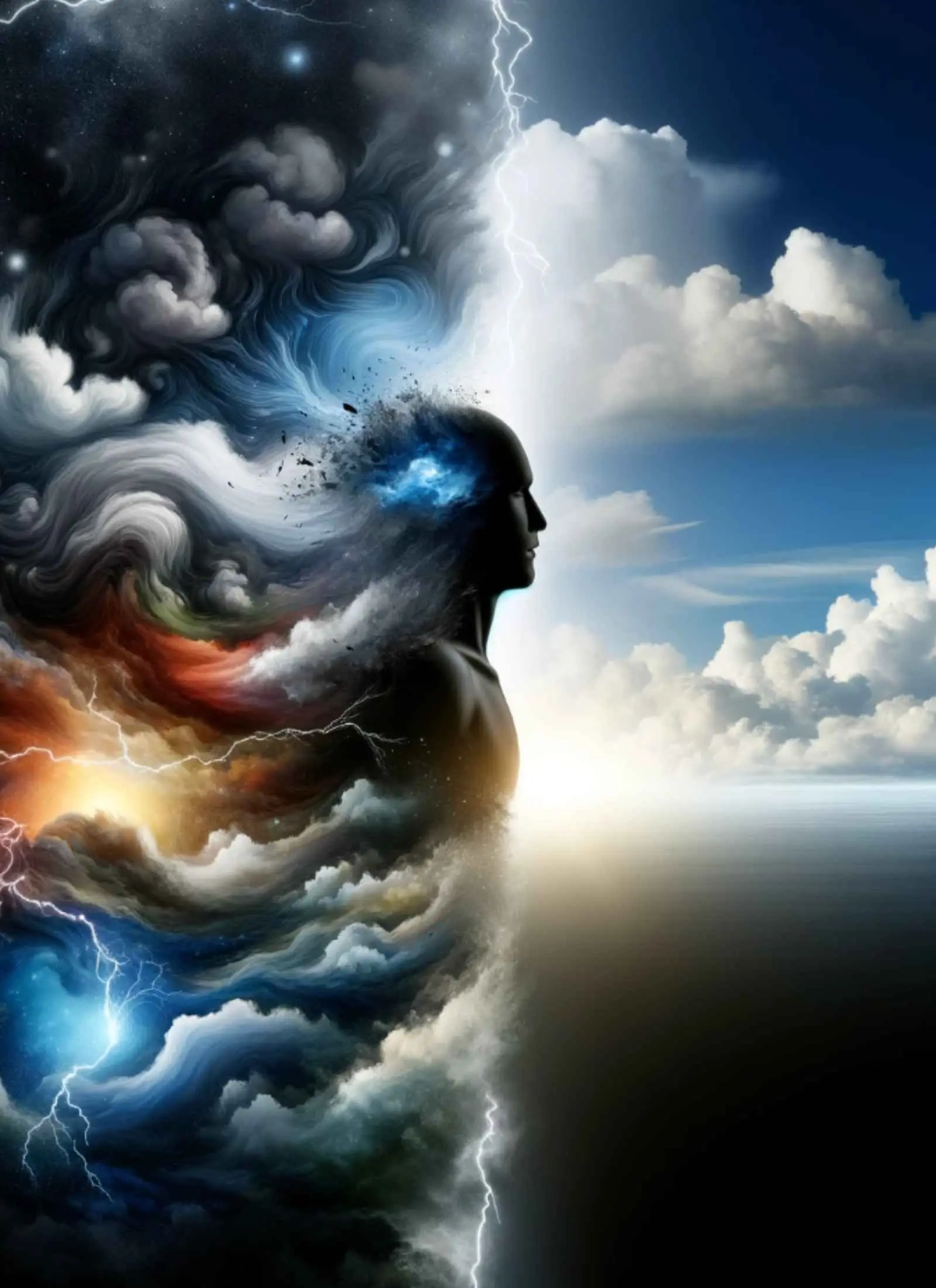 Artwork for The Art of Embodiment gathering: a figure in profile, one half dissolving into storm clouds and lightning, the other half open sky over calm water.